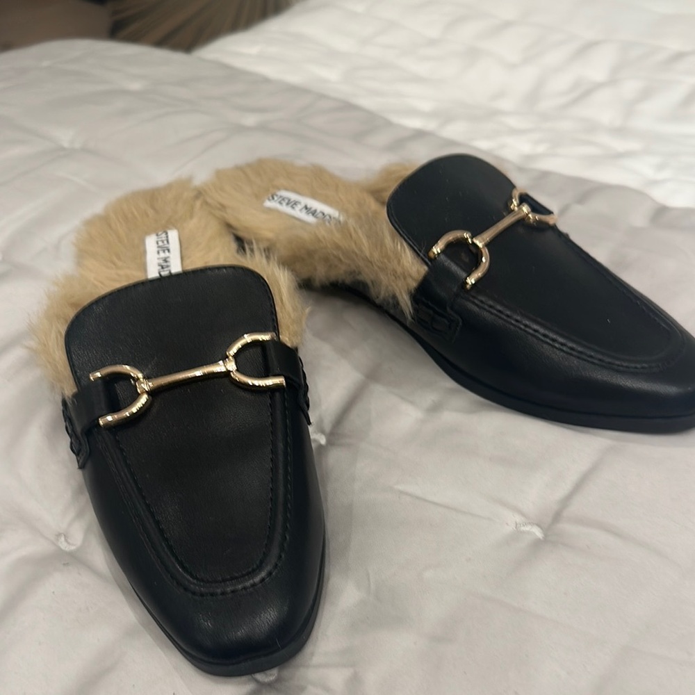 Steve Madden Black Mules with Gold Accent